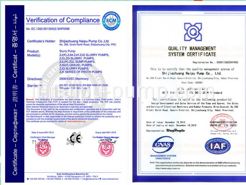 ceitification of slurry pump